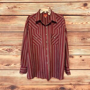 Vintage Ely Plains XL Pearl Snap Western Shirt Burgundy Striped Cowboy Rodeo